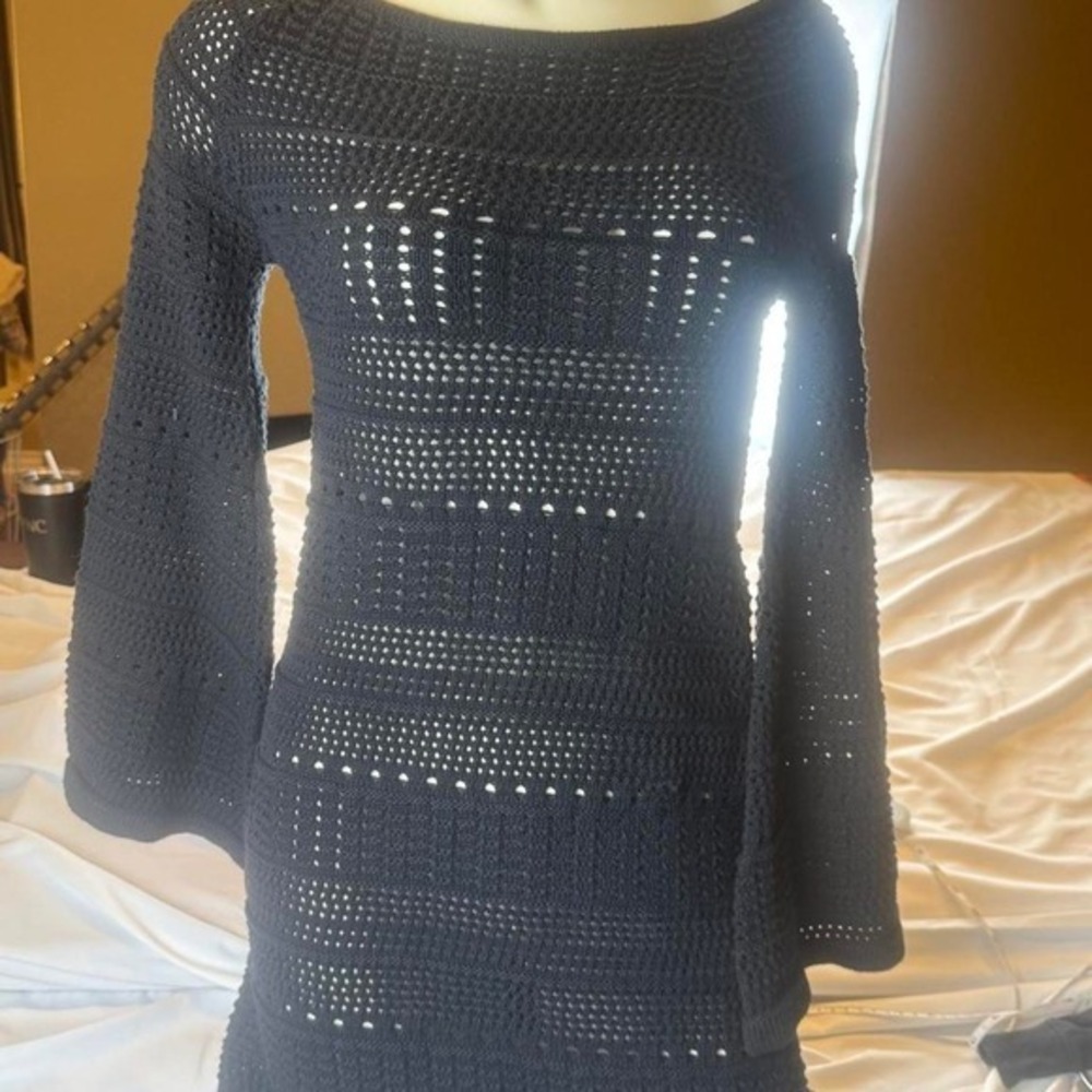 Zara Black Crochet Open Knit Bell Sleeve Sweater Beach Cover Up Boho Festival
